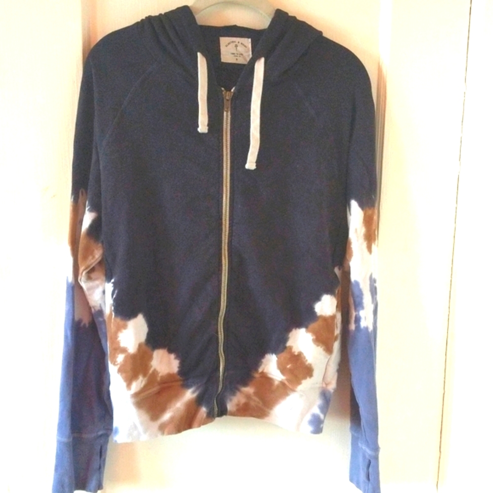 Electric & Rose Navy Blue Tie-Dye Zip Hoodie with Brown and White Accents